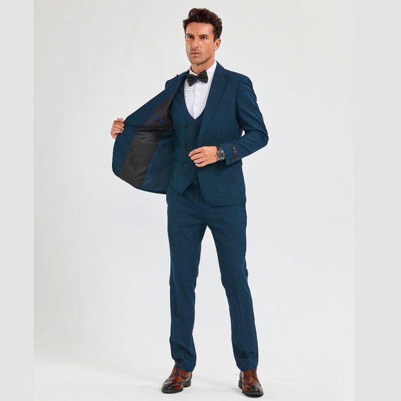 Mens Skinny Fit 3pc Textured Suit by Tazio, Dark Teal - Picture 1 of 5